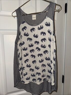 Kaileigh Navy and White Elephant Print and Striped Tank Top